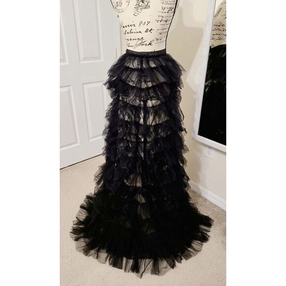 🖤 NEW Goth Tier Layered Tulle Mesh Petticoat Train Wrap Hi-Lo Black Open Skirt - Picture 7 of 17